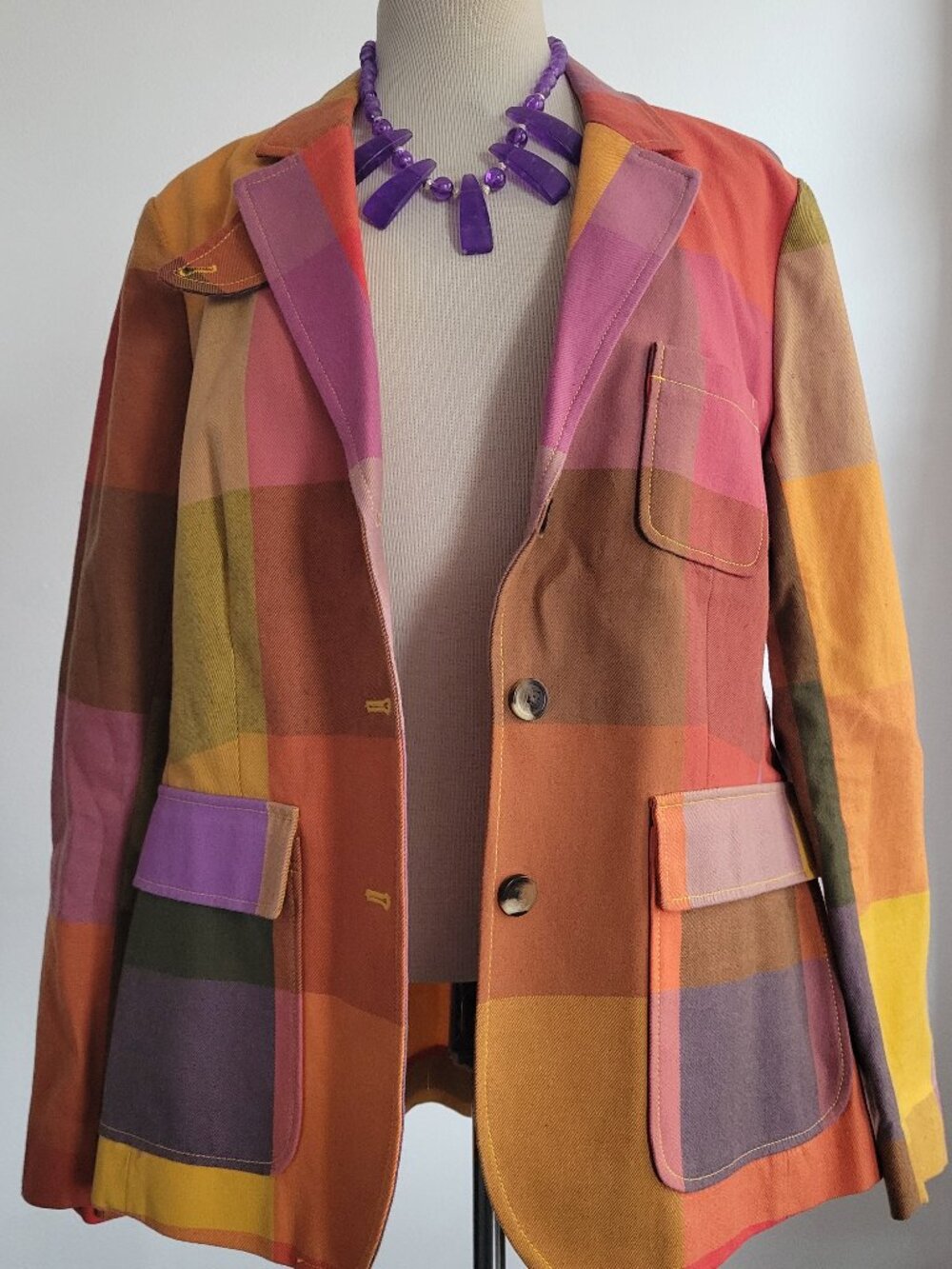 Liz Claiborne NY Plaid Blazer Jacket Size 8 - Vibrant Colorblock Floral Trim
